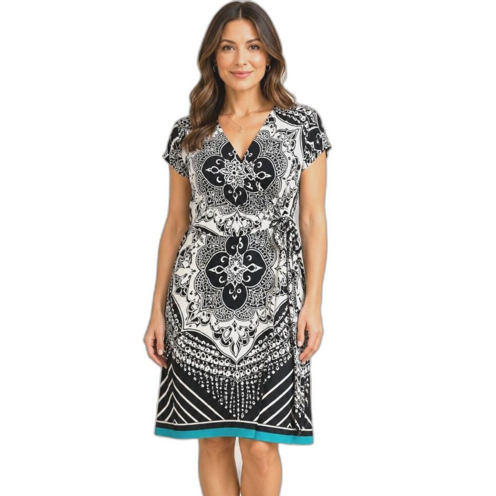 Nicole by Nicole Miller XL Faux Wrap Dress Black White Mandala Stretch Tie